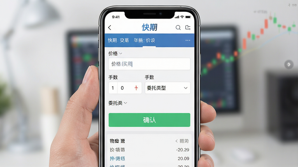 一张展示快期软件交易下单界面的图片,画面中一部手机竖屏显示买入卖出操作面板,包含价格输入框、手数选择、委托类型下拉菜单,屏幕上方显示“快期”标识,布局紧凑合理,风格为现代金融应用,细节包括确认按钮与持仓列表,画质高清,干净,无多余元素