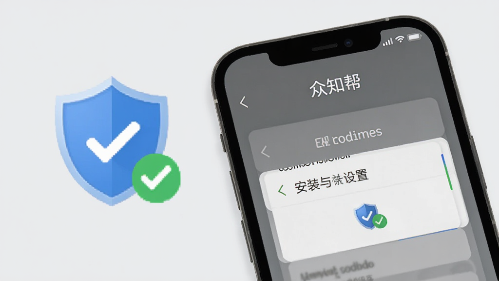 “众知帮”应用在手机上的安装与设置界面,画面展示手机屏幕中显示权限管理页面,旁边有盾牌图标和勾选标记,背景为浅灰色,风格简洁实用,画质清晰,无多余元素。