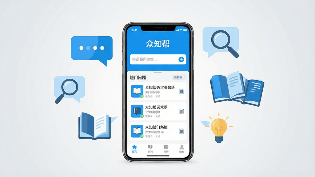 整体画面以明亮的蓝白色调为主,画面中央放置一部智能手机,手机屏幕上显示“众知帮”应用的主界面,界面中包含提问输入框、热门问题列表和底部导航栏。手机周围环绕着对话气泡、放大镜、书籍和灯泡等象征知识与问答的扁平化图标。背景为简洁的浅灰色渐变,风格清新现代,细节丰富,画质高清,画面干净,无多余元素。