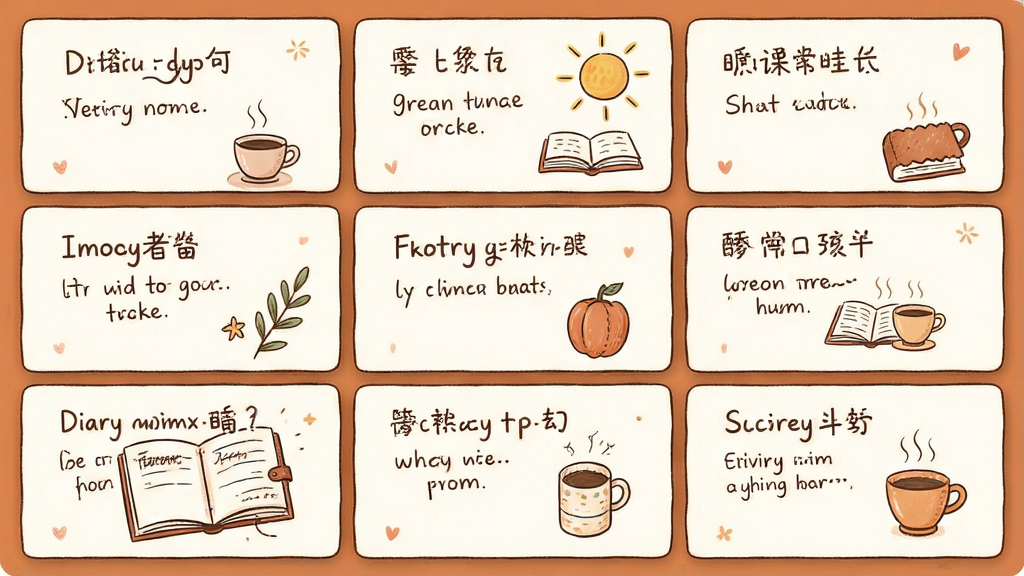 一张展示九宫格日记桌面版软件主界面的全景图,画面中央是九个排列整齐的方格,每个格子内包含手写风格的文字和温馨的小插图,如咖啡杯、太阳、书本等,整体布局简洁明快,采用暖色调的清新手绘风格,细节上体现日记记录的温馨氛围,画质清晰,画面干净,无多余元素