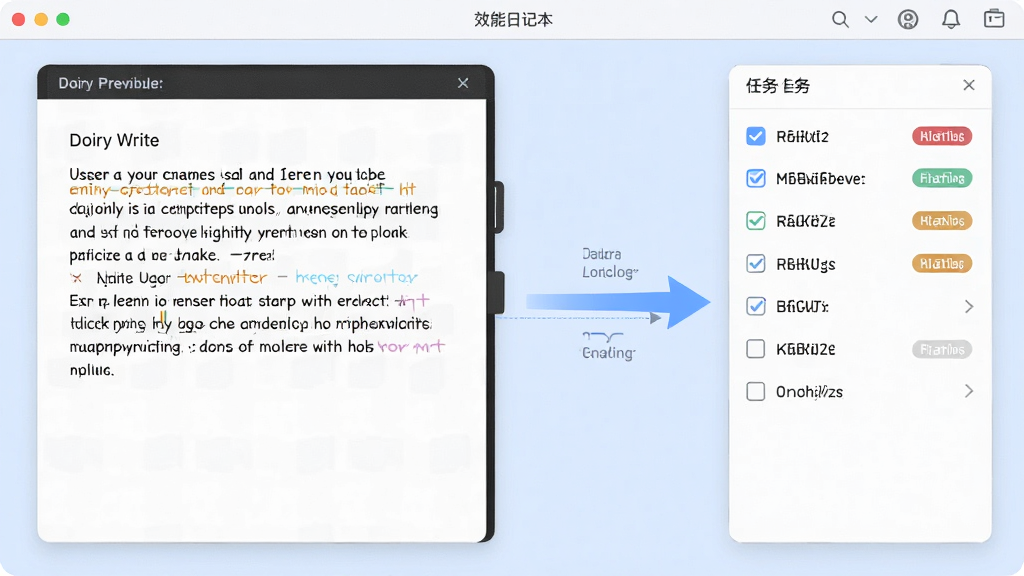 效能日记本软件界面截图,左侧为日记书写区域显示文字内容,右侧为任务清单面板带有勾选框和优先级标签,中间有数据联动箭头示意,背景为柔和浅蓝色调,界面元素排列整齐,风格商务简洁,画质清晰干净