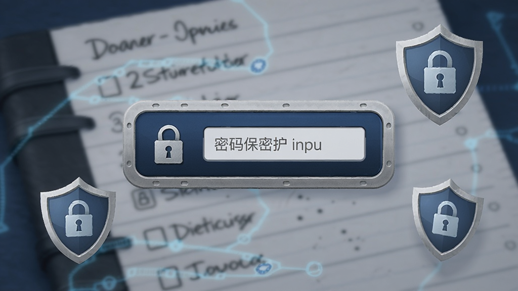 效能日记本密码保护功能示意图,画面中央为密码输入框带有锁形图标,背景为模糊处理的日记列表,周围有加密盾牌与安全标识元素,风格安全防护主题,色调以深蓝与银灰为主,画质清晰干净