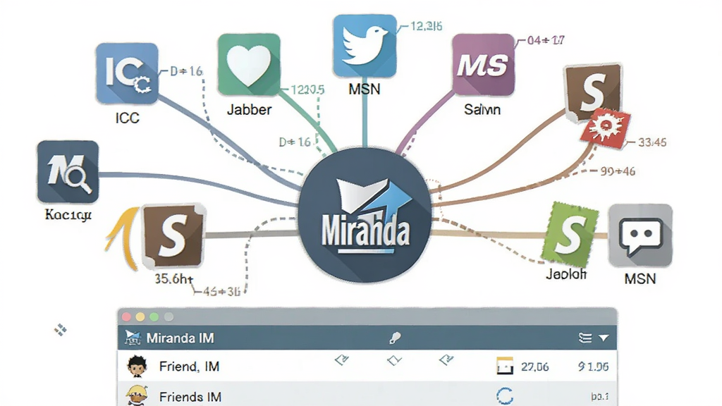 һ��չʾ Miranda IM ��Э��ۺϹ��ܵ�ʾ��ͼ�������ж����ͬ��ɫ��Э��ͼ�꣨��ICQ��Jabber��MSN�ȣ�ͨ��������۵������