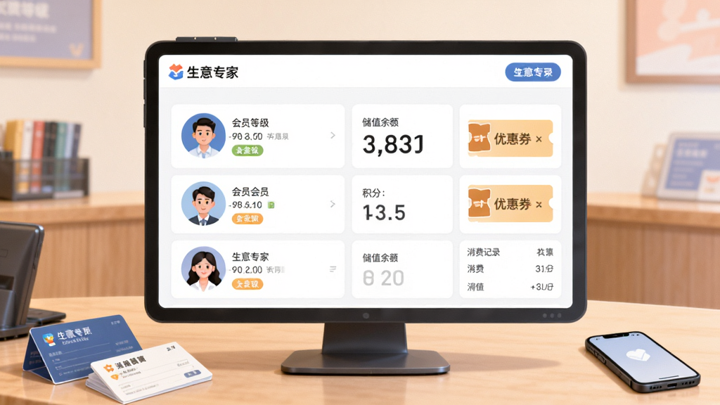 画面主体是生意专家会员管理界面,屏幕上显示会员头像列表、储值余额、积分数字、优惠券图标,背景是店铺前台,桌面上有会员卡和手机,布局为居中展示,风格为柔和商务插画,细节包括“生意专家”标识、会员等级标签、消费记录,画质清晰,干净,无多余元素