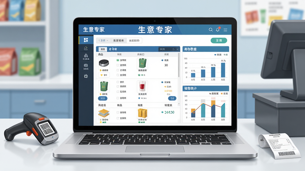 画面中央是一台打开的笔记本电脑,屏幕上显示生意专家软件界面,界面包含商品列表、库存数量、销售统计图表等模块,屏幕上方有“生意专家”字样,背景是整洁的店铺收银台环境,桌面上有扫码枪和票据,整体布局居中对称,风格为写实商务插画,细节包括界面按钮、数据图表、商品缩略图,画质清晰,干净,无多余元素