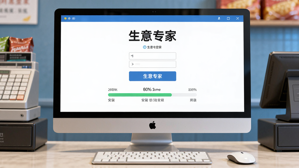 画面中央是一台电脑屏幕,屏幕上显示生意专家登录界面和安装进度条,旁边有鼠标和键盘,背景是店铺收银台,布局为正面视角,风格为写实科技插画,细节包括“生意专家”文字、安装按钮、进度百分比,画质清晰,干净,无多余元素
