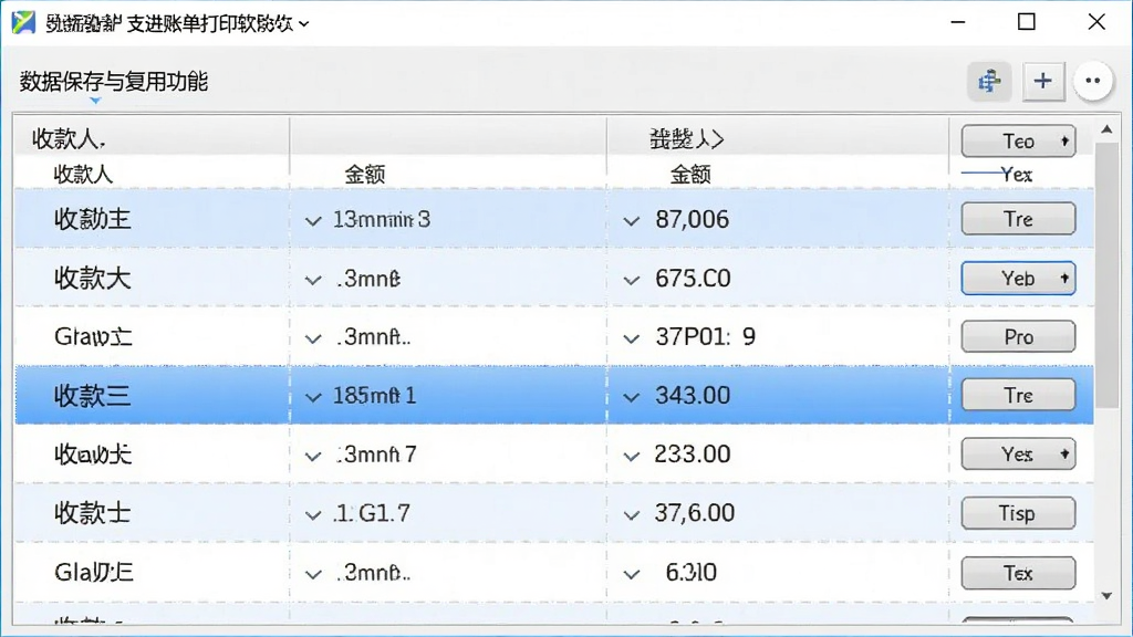 一张展示小灰狼支票进账单打印软件数据保存与复用功能的图片,画面中软件界面上有一个数据列表,列出多条已保存的票据信息记录,每条记录包含收款人和金额字段,布局为列表式布局,风格为写实软件界面,细节包含选中行高亮和操作按钮,画质清晰干净,无多余元素