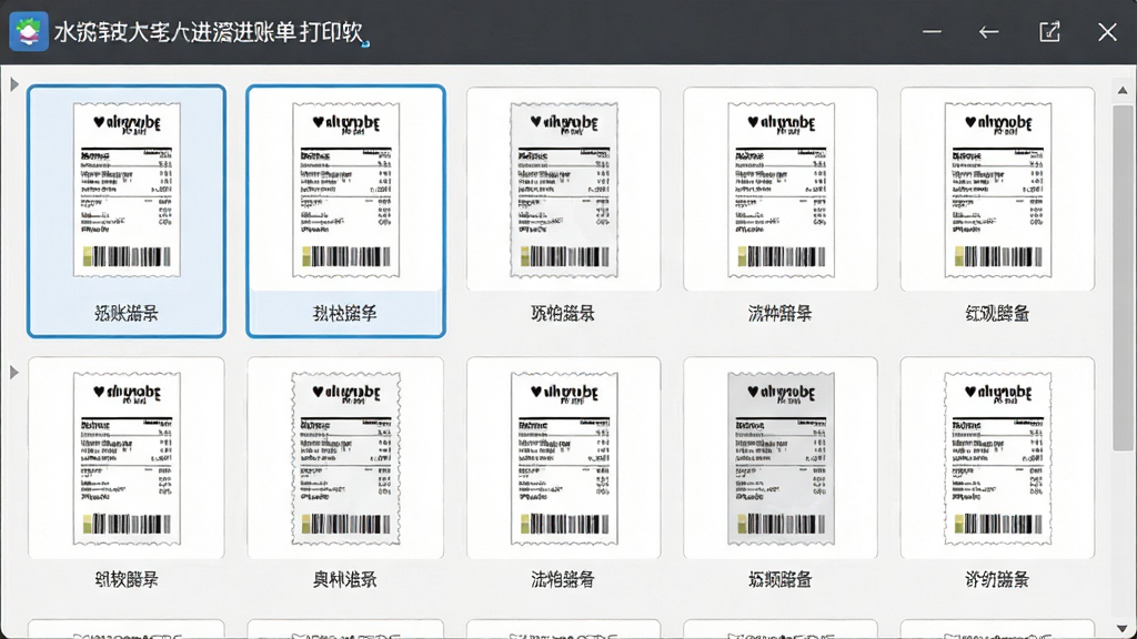 一张展示小灰狼支票进账单打印软件模板选择界面的图片,画面中排列着多个票据模板缩略图,每张缩略图下方标注模板名称,整体采用网格布局,风格为简洁的软件界面设计,细节包含选中的高亮边框和滚动条,画质清晰干净,无多余元素