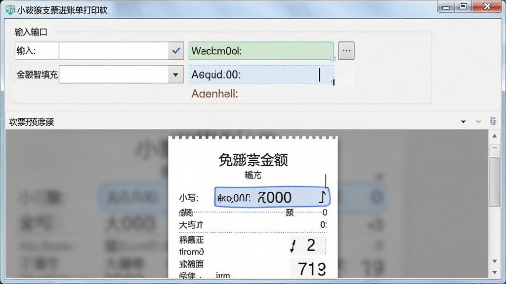 一张展示小灰狼支票进账单打印软件金额智能填充功能的图片,画面中软件界面上半部分为输入区域,下半部分为票据预览区域,输入小写金额后预览区自动显示对应大写金额,布局为上下结构,风格为写实软件操作界面,细节包含光标位置和字段高亮,画质清晰干净,无多余元素