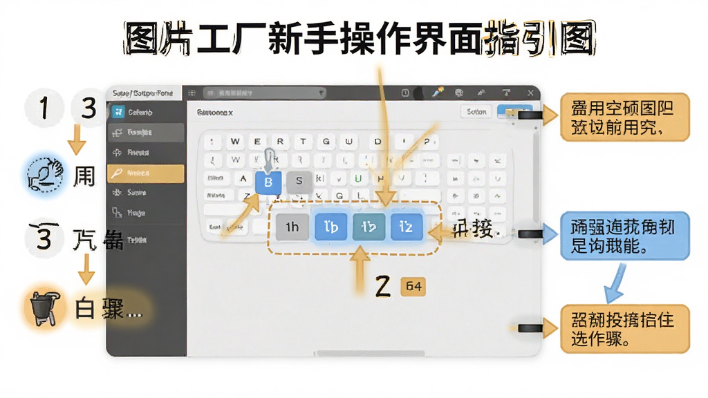 图片工厂新手操作界面指引图,主体为软件主界面标注了常用功能按钮与操作步骤,布局为序号标注式;排版清晰,风格为教学引导风,细节包括箭头指示、文字说明框、功能高亮;画质高清,干净,无多余元素