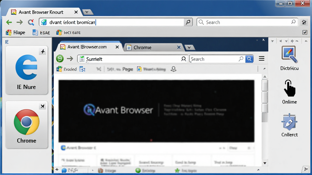 Avant Browser 浏览器主界面全貌,中央为多标签网页浏览窗口,左侧显示 IE 与 Chrome 双内核切换按钮,右侧工具栏排列广告拦截、鼠标手势、在线收藏图标,整体布局为经典三栏式浏览器界面,风格简洁商务,细节包含地址栏、搜索框、书签栏,画质清晰,干净,无多余元素