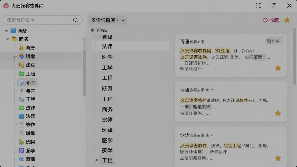 画面展示火云译客软件内置的汉语词语库界面,左侧为分类目录树包含商务、法律、医学、工程等标签,右侧为词语列表与释义卡片,整体布局为三栏式结构,风格为清爽阅读风,细节包括搜索框、词语高亮、收藏星标,画质高清,干净,无多余元素