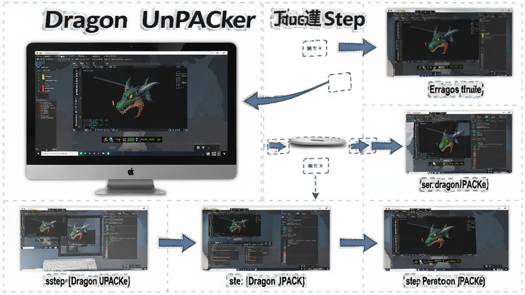 Dragon UnPACKer 新手操作流程图,主体为电脑屏幕显示软件界面与步骤标注,布局为分步截图拼接,排版清晰,风格为教程说明图,细节包含箭头指引与文字标注,画质清晰干净无多余元素