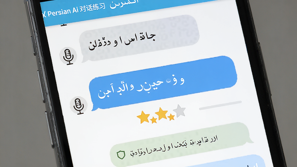 主体是Persian Ai软件中的AI对话练习界面,布局为手机屏幕特写,排版展示对话气泡与发音评分,风格为清新教育类UI设计,细节包括波斯语文字、麦克风图标、评分星级、纠正提示,画质高清干净无多余元素,图片中文字标注“Persian Ai 对话练习”