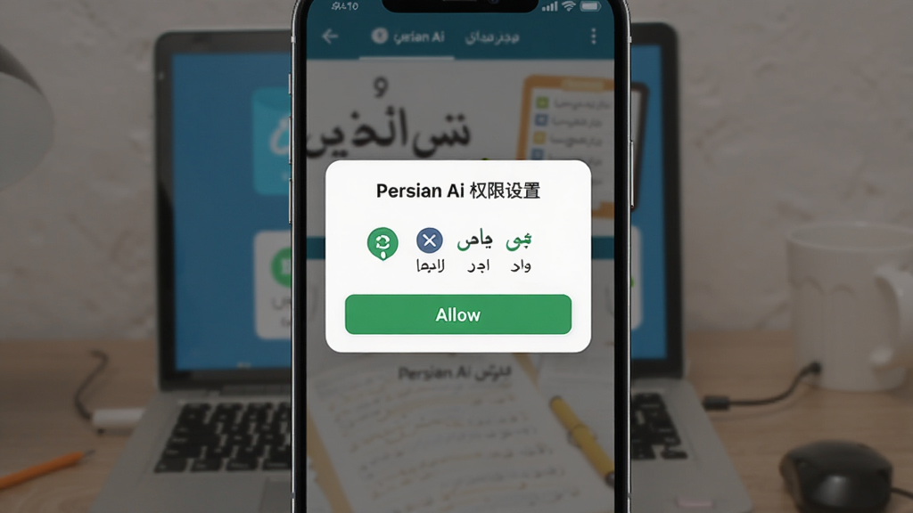 主体是Persian Ai软件在新手引导页面的手机截图,布局为手机屏幕展示权限设置弹窗,排版为居中弹窗与背景模糊,风格为简洁提示类UI,细节包括权限图标、允许按钮、波斯语学习背景,画质高清干净无多余元素,图片中文字标注“Persian Ai 权限设置”