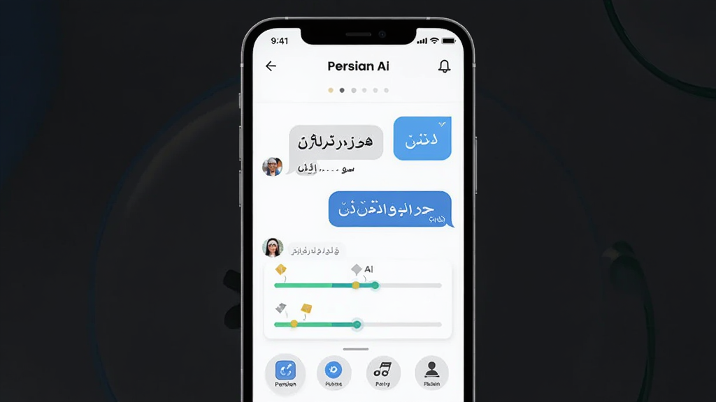 主体是一个手机屏幕展示Persian Ai软件界面,布局为居中放置手机,屏幕内显示波斯语学习对话界面和翻译结果,排版简洁清晰,风格为现代科技感扁平化设计,细节包括波斯语文字、对话气泡、学习进度条、功能图标,画质高清干净无多余元素,图片中文字标注“Persian Ai”