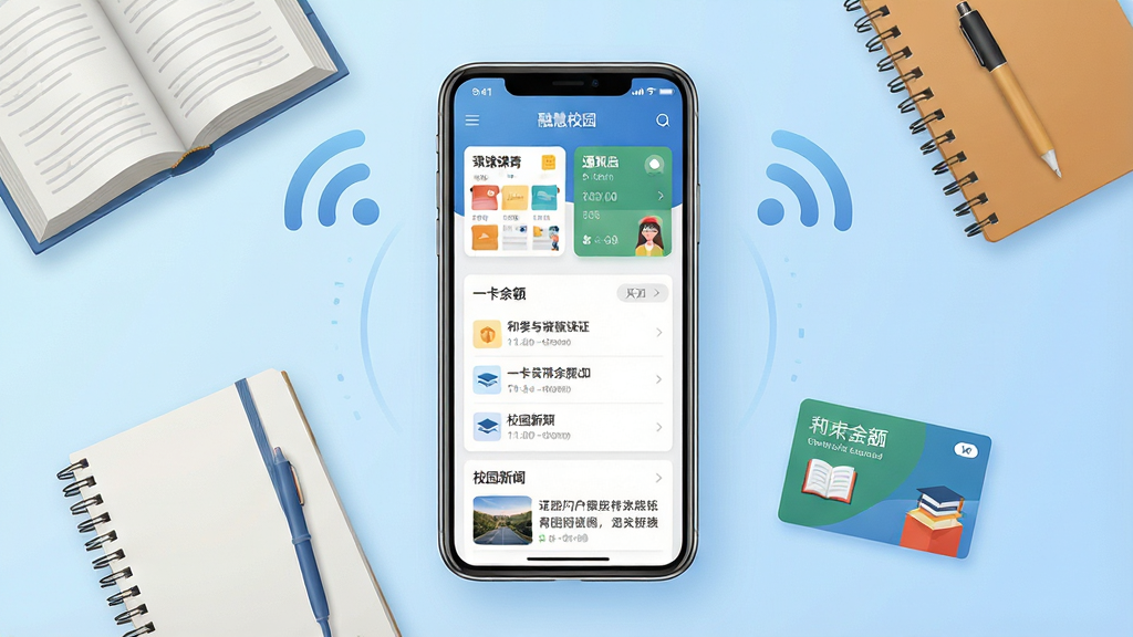 一张展现智慧校园移动端应用的场景图,画面中央是一部智能手机,屏幕显示融合门户应用主界面,包含课表卡片、通知列表、一卡通余额和校园新闻等模块。手机周围环绕着书本、笔记本、校园卡和无线网络信号图标。整体布局采用居中对称式,背景为浅蓝色渐变,风格简洁现代科技感,细节清晰,画质干净,无多余元素,4K高清。
