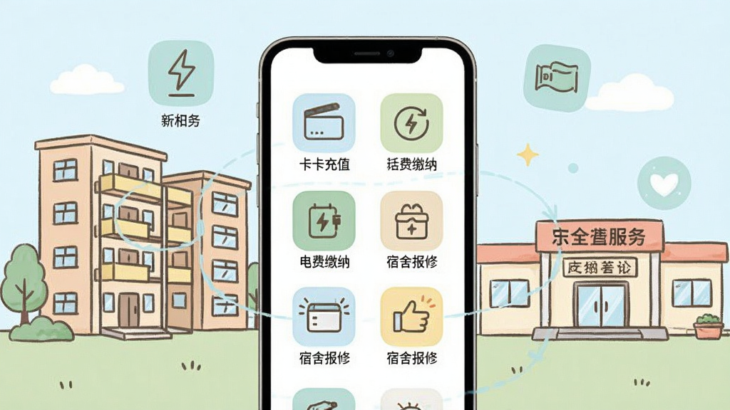 融合门户生活服务功能场景图,画面展示手机屏幕上一卡通充值、电费缴纳、宿舍报修等图标整齐排列,背景为校园宿舍楼与食堂的简笔插画,布局为手机居中、功能图标环绕,风格清新浅色系,细节干净,画质清晰无多余元素。