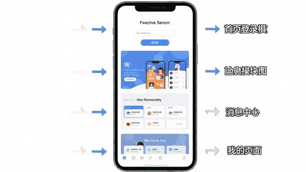 融合门户移动端操作指南示意图,画面为手机屏幕竖版布局,从上到下依次展示登录界面、首页模块、消息中心和我的页面四个界面缩略图,每个界面配有简洁的箭头指引和文字标注,背景为纯白色,风格为扁平化教学图示,细节清晰,画质干净,无多余元素。