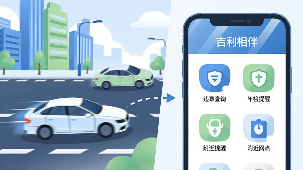 一幅横版场景插画,左侧为城市道路与行驶中的汽车,右侧为手机屏幕特写,屏幕上展示