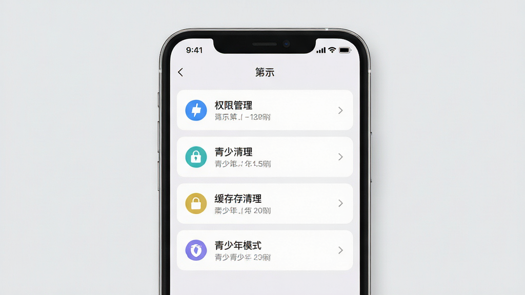 第一教育移动端操作界面与设置页面展示,画面中手机屏幕显示权限管理、缓存清理、青少年模式等设置选项,界面布局清晰,图标简洁,背景为浅灰色,风格实用干净,画质高清,无多余装饰