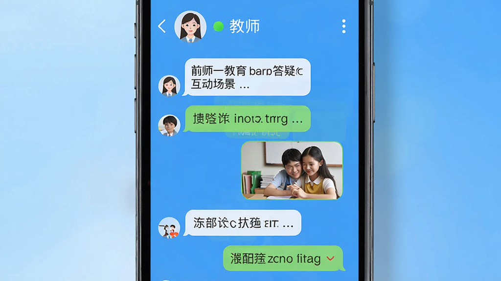 第一教育在线答疑互动场景,画面展示手机聊天界面中师生问答对话,包含文字和图片消息气泡,屏幕上方有教师头像和在线状态标识,背景是简洁的蓝色渐变,风格现代明快,画质清晰无杂物