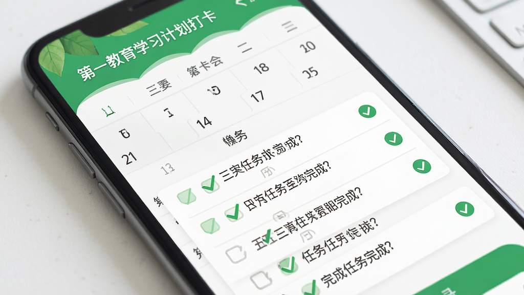 第一教育学习计划打卡界面,手机屏幕显示日历视图与打卡记录,每日任务以清单形式列出,完成项打勾标记,界面配色以绿色和白色为主,风格清新自然,画质干净整洁,布局清晰