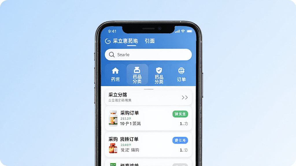 采立惠移动端应用主界面展示,画面中央为手机屏幕,屏幕内呈现药品分类导航与采购订单列表,背景为简洁的浅蓝色渐变,风格现代商务,细节包含图标按钮和搜索框,画质清晰,干净,无多余元素