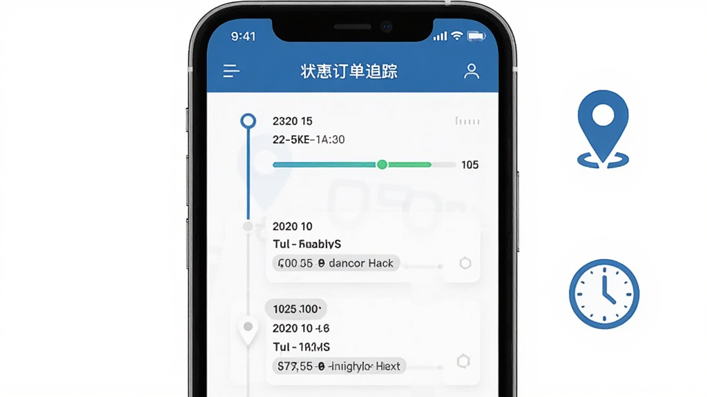 采立惠订单追踪功能界面展示,画面中手机屏幕显示订单状态时间轴和物流信息,旁边有定位图标和时钟图标,布局纵向排列,风格商务简约,细节包含进度条和快递单号,画质清晰,干净,无多余元素