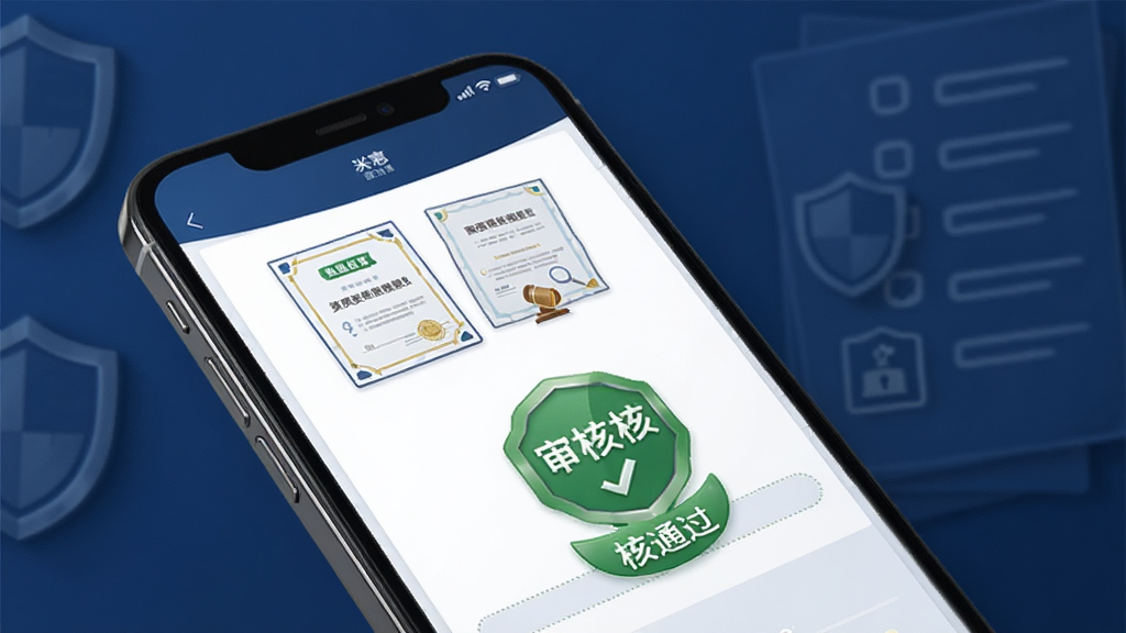 采立惠资质合规保障页面展示,画面中手机屏幕显示资质证书图标和审核通过标识,背景为稳重的深蓝色,风格专业严谨,细节包含盾牌图案和文件列表,画质清晰,干净,无多余元素