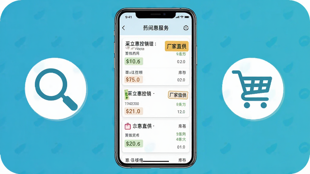 采立惠控销直供采购功能界面展示,画面中一部手机显示药品列表与厂家直供标签,旁边有放大镜和购物车图标,布局居中对称,风格简洁明快,细节包含价格标签和库存数字,画质清晰,干净,无多余元素