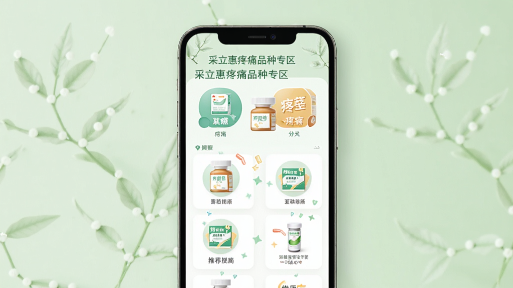 采立惠疼痛品种专区页面展示,画面以手机屏幕为主体,屏幕内显示各类疼痛药品分类图标和推荐列表,背景为柔和的浅绿色,风格清新健康,细节包含药盒图案和文字标签,画质清晰,干净,无多余元素