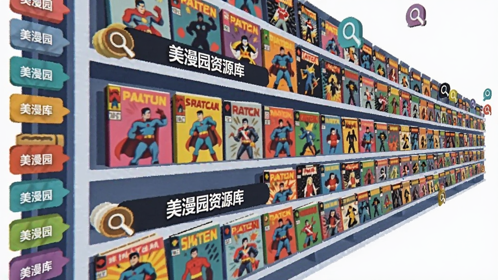 一幅展示美漫园资源库的AI生成图,主体为一面巨大的虚拟书架,书架上摆满各种漫画书,书脊上有美漫园标志,布局采用透视效果从近到远延伸,排版左侧有分类标签栏,风格为扁平化插画,细节包括不同颜色的漫画封面和飘浮的搜索图标,画质高清,干净,无多余元素