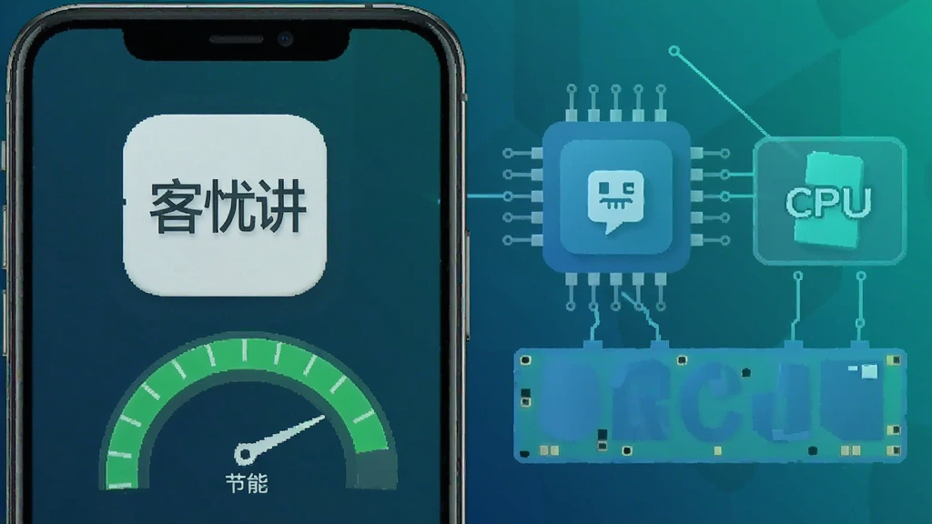 一张表现软件低资源占用与流畅运行的AI图片,画面左侧是一部手机显示“客忧讲”应用图标和运行状态仪表盘,指针指向绿色节能区域,右侧是抽象的CPU和内存条图形,整体色调为蓝绿色,风格简约科技,细节干净,画质清晰,无多余元素