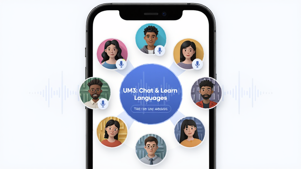 一张展示UM3: Chat & Learn Languages语音房间功能的图片,主体为手机屏幕内多个用户头像围成圆形,布局居中,排版有层次,风格活泼现代,细节包括麦克风图标、声波纹理、主题标签,画质高清,干净,无多余元素