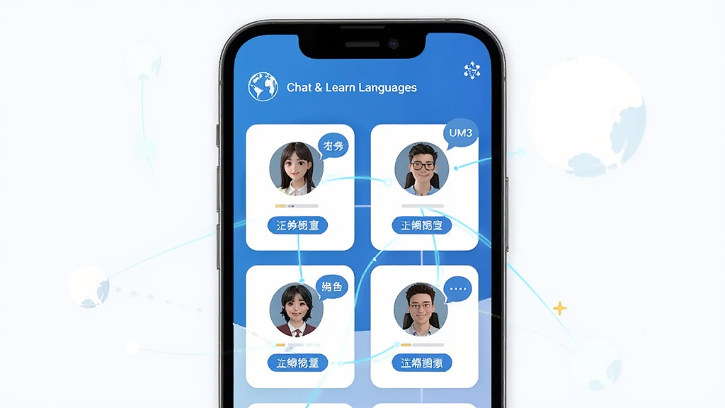 一幅AI生图,主体是UM3: Chat & Learn Languages的智能匹配界面,布局为手机屏幕居中,屏幕内显示多个用户头像卡片与语言标签,排版整齐,风格科技感与清新感结合,细节有地球图标、连接线条、语言气泡,画质高清,干净,无多余元素