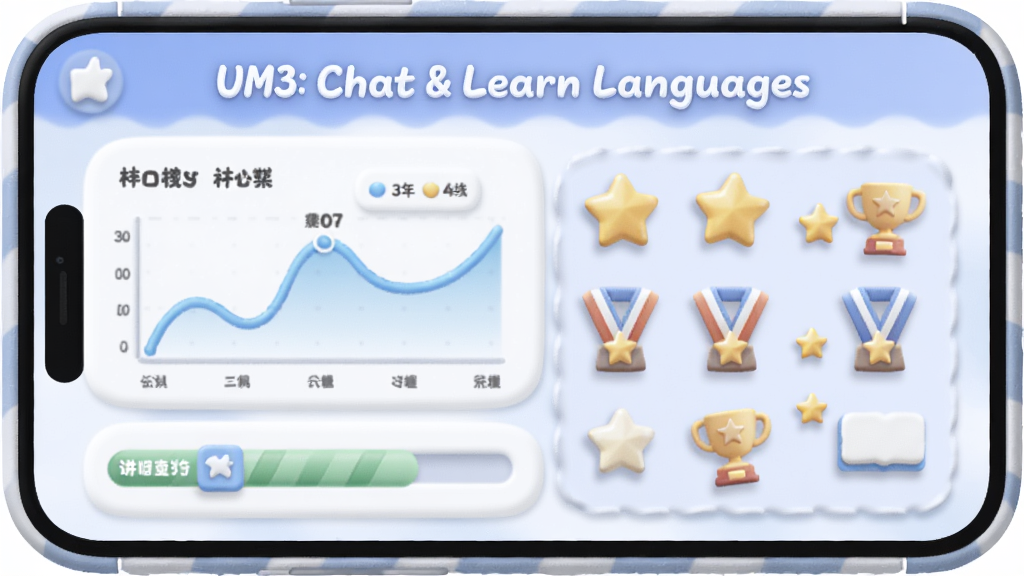 一幅AI生图,主体是UM3: Chat & Learn Languages的学习进度追踪界面,布局为手机屏幕内显示数据图表与勋章墙,排版上下结构,风格柔和圆角,细节包括折线图、进度条、金色星星、奖杯图标,画质高清,干净,无多余元素