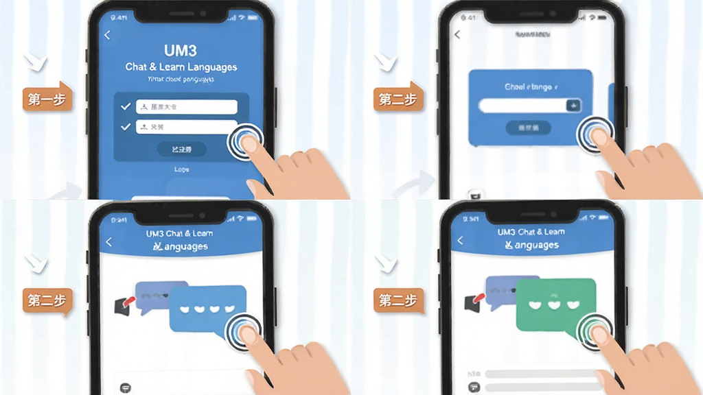 一张展示UM3: Chat & Learn Languages新手操作步骤的图片,主体为手机屏幕内分步骤显示注册、匹配、聊天、报告四个画面,布局为四格排列,排版清晰,风格扁平化插画,细节包括箭头指引、手指点击图标、文字标注“第一步”“第二步”,画质高清,干净,无多余元素