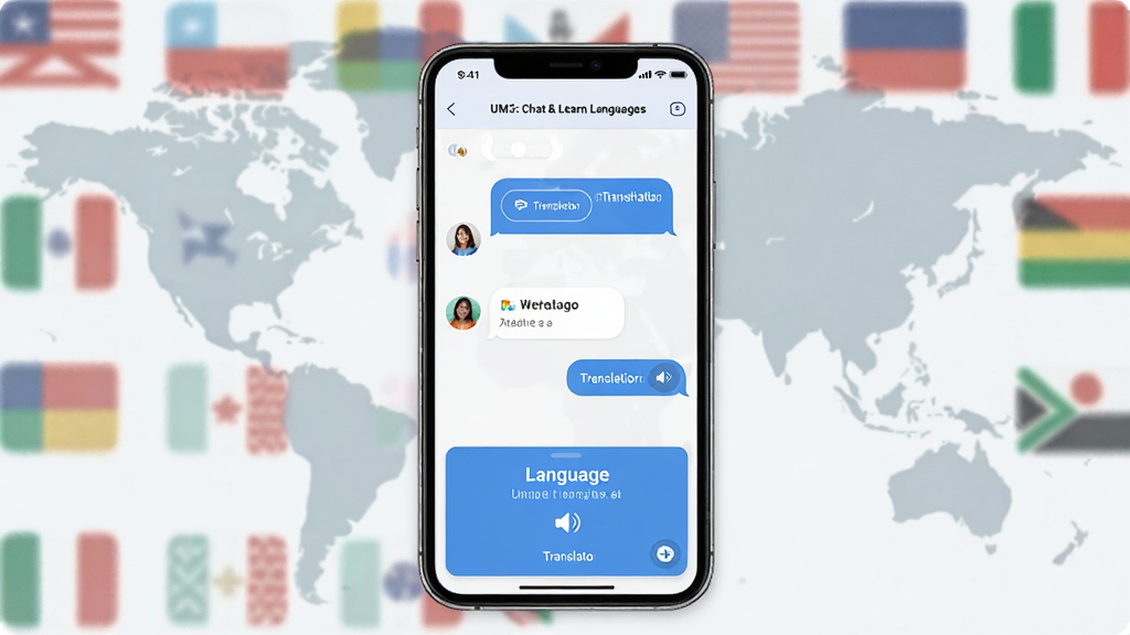 一张展示UM3: Chat & Learn Languages软件核心界面的图片,画面中央是手机屏幕,屏幕内显示聊天对话气泡与语言学习卡片,背景是柔和的世界地图与多国国旗元素,布局居中对称,风格现代清爽,细节包括对话头像、翻译按钮、发音图标,画质高清,干净,无多余元素