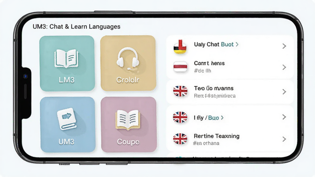 一幅AI生图,主体是UM3: Chat & Learn Languages的多语种学习资源库界面,布局为手机屏幕内显示分类卡片与课程列表,排版采用网格与列表结合,风格清新浅色,细节包括书籍图标、耳机图标、单词卡片、国旗标识,画质高清,干净,无多余元素