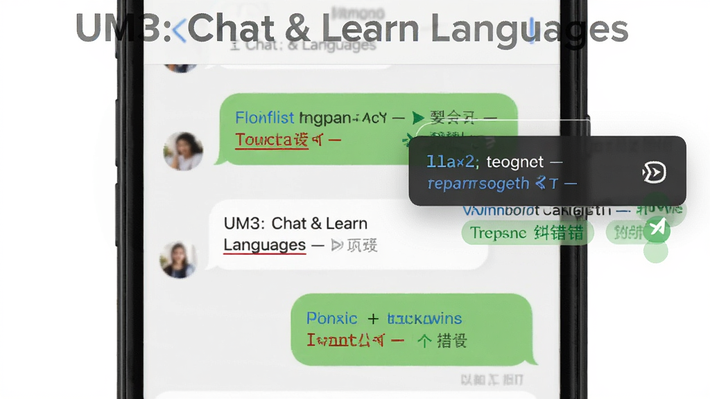 一张展示UM3: Chat & Learn Languages实时翻译与纠错功能的图片,主体为手机聊天界面,布局中对话气泡旁带有翻译浮层与纠错标记,排版清晰,风格简洁明快,细节包括红色下划线、绿色修改建议、翻译图标,画质高清,干净,无多余元素