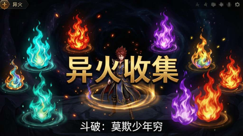 一张游戏界面截图风格的图片,画面中展示了多种异火悬浮在角色周围,每种异火呈现不同的颜色与形态,如青色、赤红、紫色等,背景是黑暗的虚空,画面中央用金色字体写着“异火收集”,底部用白色小字写着“斗破:莫欺少年穷”,整体为奇幻风格的游戏UI展示图,细节包括火焰粒子、光晕与能量流动,画质高清,画面干净,无多余元素