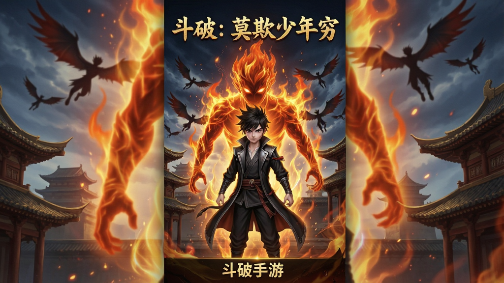 一张竖版手机游戏宣传图,画面中央是一位身穿黑衣的少年主角,背后悬浮着巨大的火焰异火虚影,周围环绕着斗气光芒,背景是宏伟的古城与天空中的斗气化翼剪影,顶部用金色字体写着“斗破:莫欺少年穷”,底部用小字写着“斗破手游”,整体风格为国风玄幻CG插画,色调以暗金、赤红与深蓝为主,细节包括火焰粒子、能量纹理与古建筑飞檐,画质高清,画面干净,无多余元素