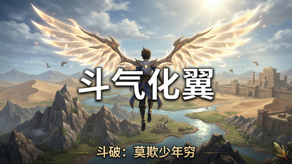 一张游戏场景截图风格的图片,画面中角色展开斗气化翼悬浮在空中,下方是辽阔的魔兽山脉与河流,远处有沙漠与古城的轮廓,天空中有云层与阳光,画面中央用白色字体写着“斗气化翼”,底部用金色小字写着“斗破:莫欺少年穷”,整体为国风玄幻游戏场景图,细节包括翅膀的光效、地形纹理与大气透视,画质高清,画面干净,无多余元素