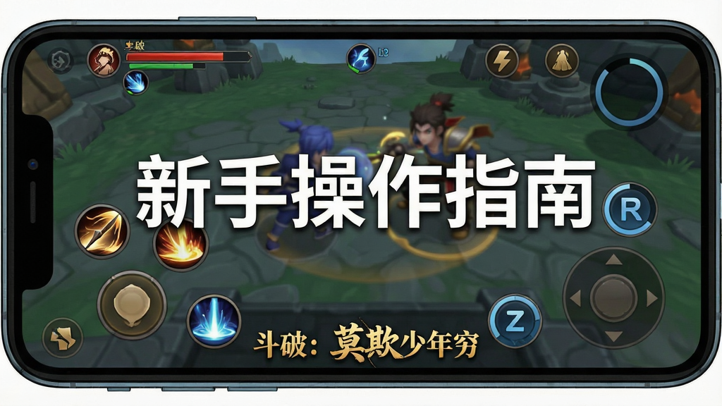 一张手机游戏操作界面示意图,画面中展示了一部横屏手机,屏幕上显示游戏战斗界面,下方有技能按钮与方向摇杆,画面中央用白色字体写着“新手操作指南”,底部用金色小字写着“斗破:莫欺少年穷”,整体为扁平化UI示意图风格,细节包括按钮图标、血条与技能冷却圈,画质清晰,画面干净,无多余元素