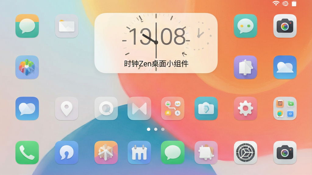 一张风格统一的手机桌面截图,壁纸为柔和渐变色调,图标排列整齐,时钟Zen桌面小组件位于屏幕上方显眼位置,整体视觉效果和谐美观,画质清晰,无多余元素,图片中文字标注“时钟Zen桌面小组件”。