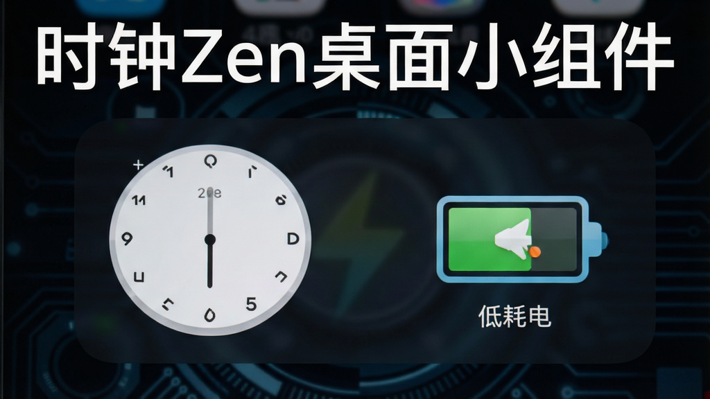 一张展示手机电池续航与性能监控界面的图片,画面中时钟Zen桌面小组件平稳运行,旁边有电池图标显示低耗电状态,背景为深色科技风格,画质清晰,无杂乱元素,图片中文字标注“时钟Zen桌面小组件”。