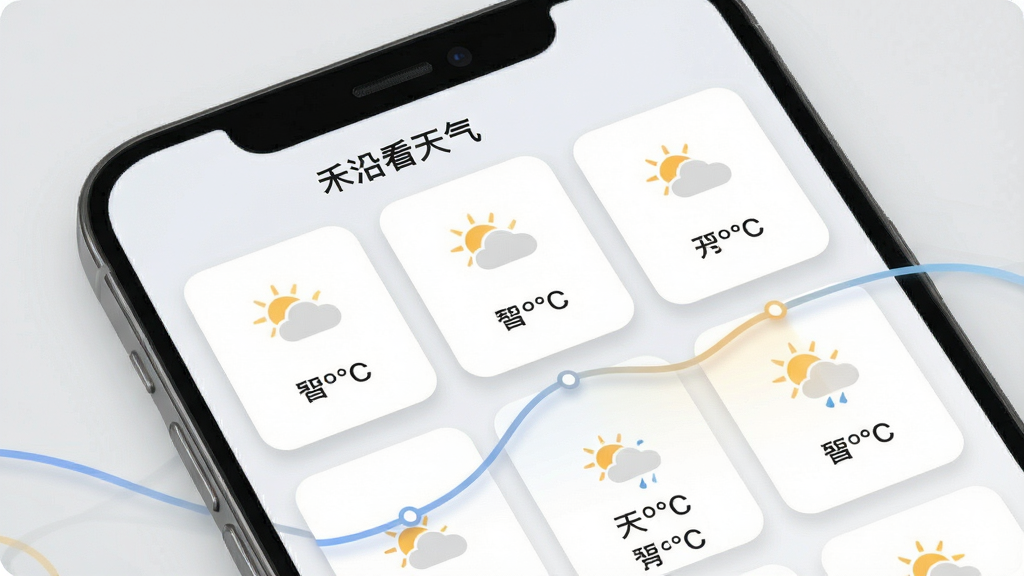 一张手机界面截图风格的图片,展示“禾沿看天气”的多日预报页面,画面主体是手机屏幕,屏幕上排列着未来七天的天气图标和温度曲线。布局清晰,采用卡片式设计,风格简约现代,细节包括图标阴影和圆角处理,画质高清,背景为浅灰色。