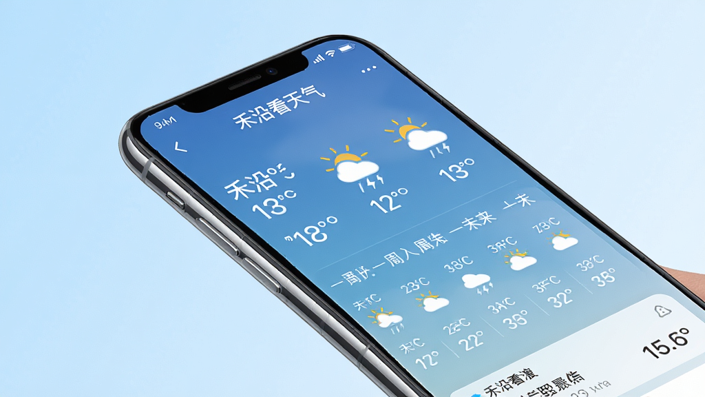 一张手机屏幕展示天气应用界面的图片,画面主体是一部现代智能手机,屏幕上显示着“禾沿看天气”的软件界面,界面包含温度、天气图标、未来一周预报等信息。布局居中,手机微微倾斜,背景是简洁的浅蓝色渐变,风格清新现代,细节包括手机边框的高光、屏幕上的文字清晰可见,画质高清,干净无多余元素。