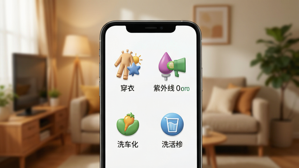 一张展示生活指数功能的图片,画面主体是手机屏幕,屏幕上显示着穿衣、紫外线、洗车等图标和文字说明,背景是温馨的家居环境虚化。布局居中,风格生活化,细节包括图标的立体感和文字的可读性,画质清晰,无多余元素。